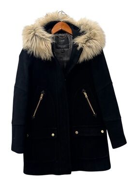 J. Crew Black Wool Coat with Faux Fur Hood STADIUM CLOTH by NELLO GOR Sz 00